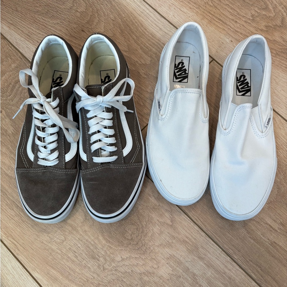 Vans M9/W10.5 Bundle of 2 – Old Skool Suede Gray & Classic Slip-On White – EUC